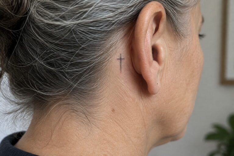 23 Biblical Tattoos for Women Over 50 Featuring Distinctive Faith Symbols Graying hair pulled back, small cross tattoo behind ear with silver hoop earring
