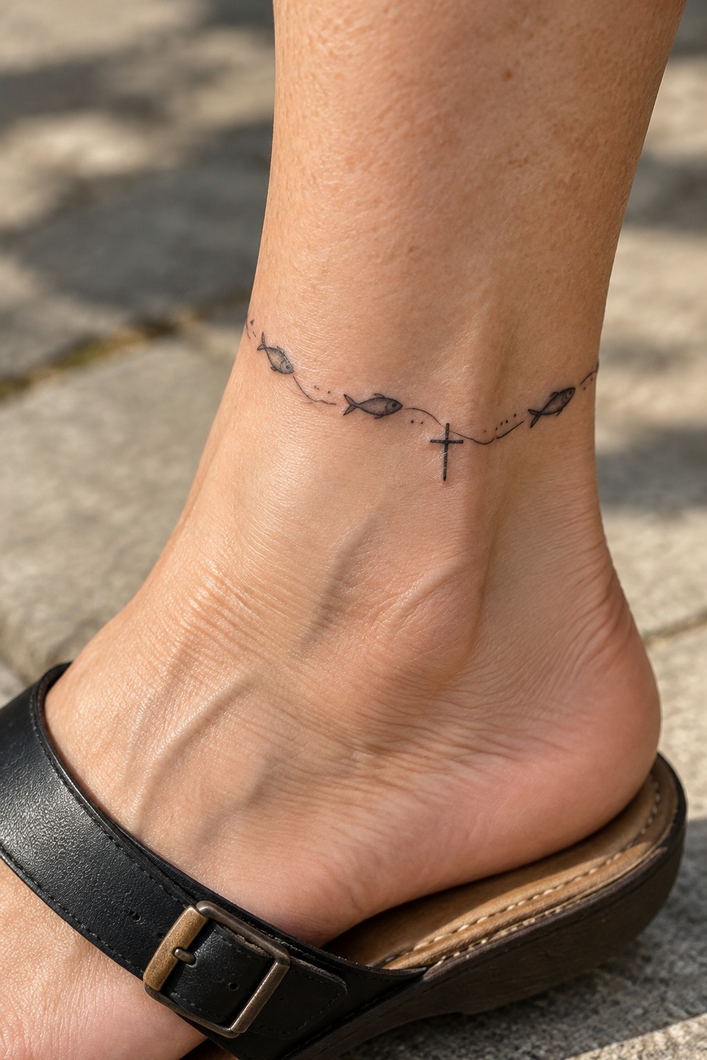 Ankle tattoo of three fish and cross along dotted line above black sandal