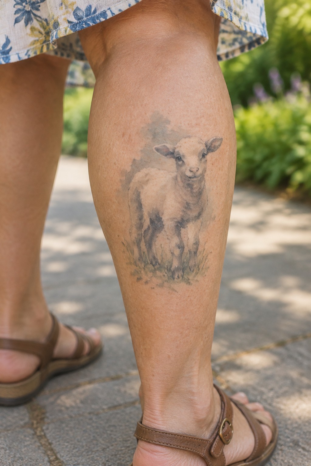 Watercolor lamb tattoo on calf above brown sandals and floral dress hem outdoors.