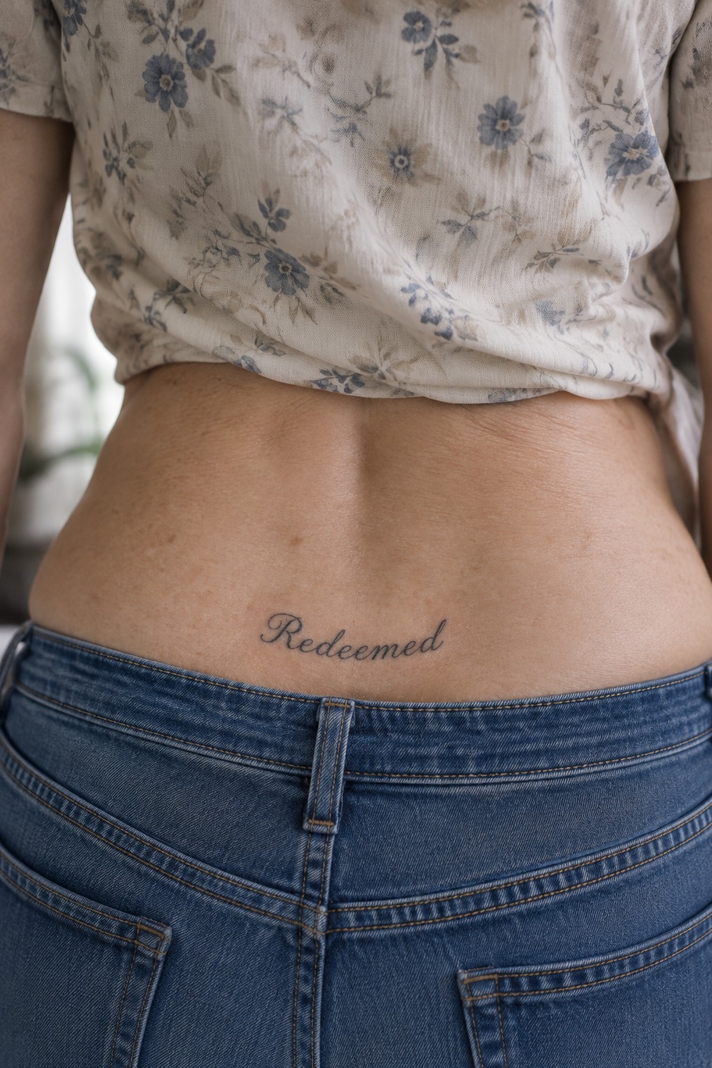 Floral shirt lifted over blue jeans revealing cursive