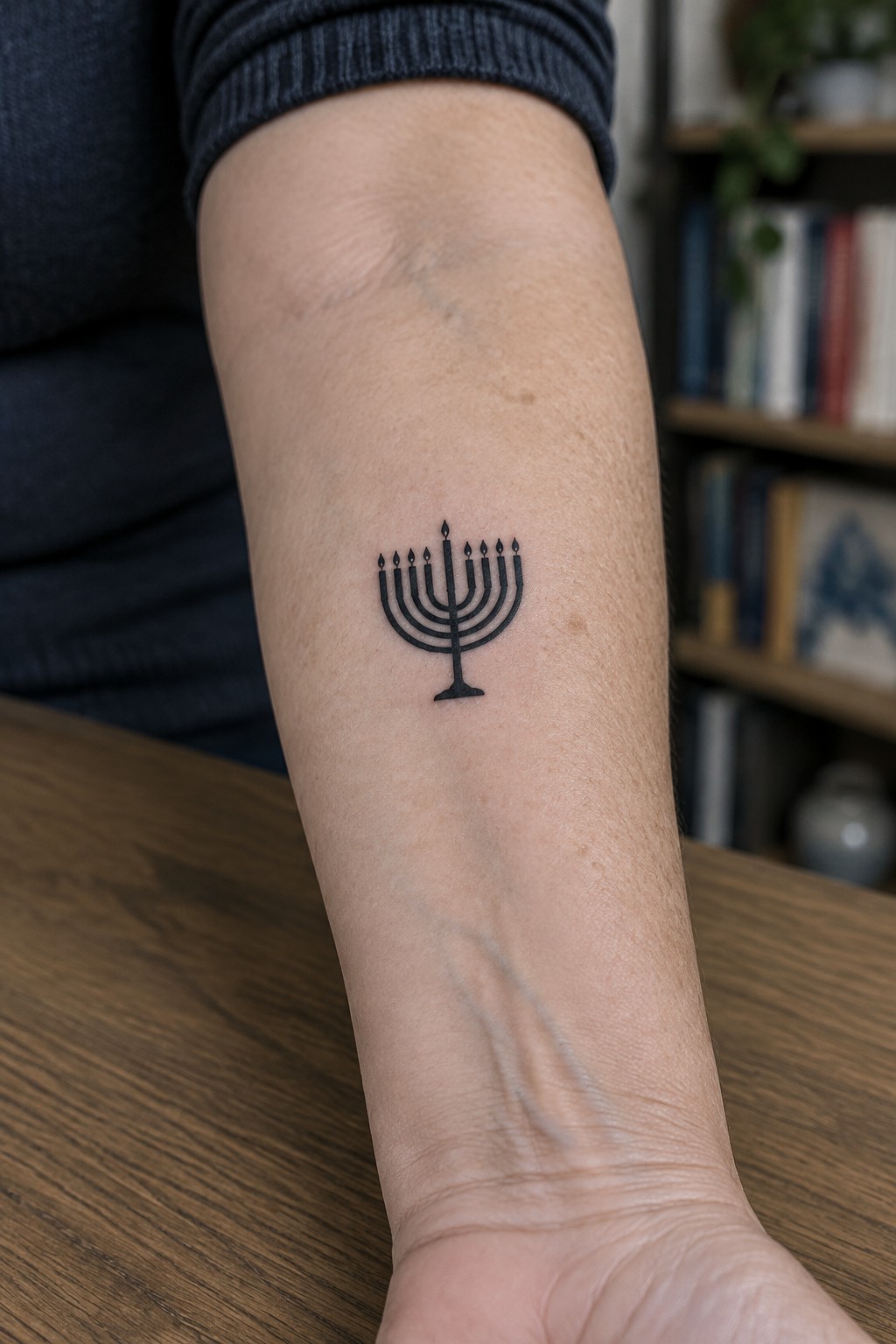 Black menorah tattoo on inner forearm with dark blue sleeve and wooden table background.