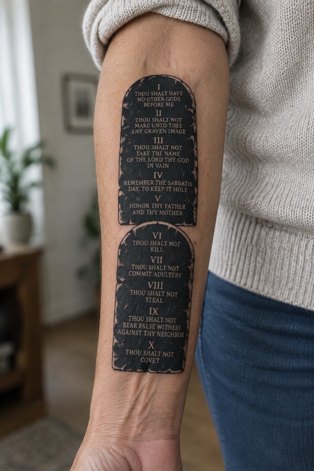 Arm tattoo of two cracked stone tablets with Ten Commandments text on skin.