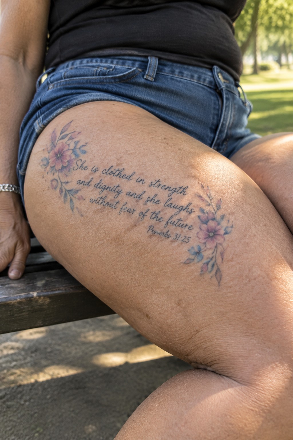 Floral tattoo with Proverbs 31:25 quote on thigh of person in denim shorts on bench