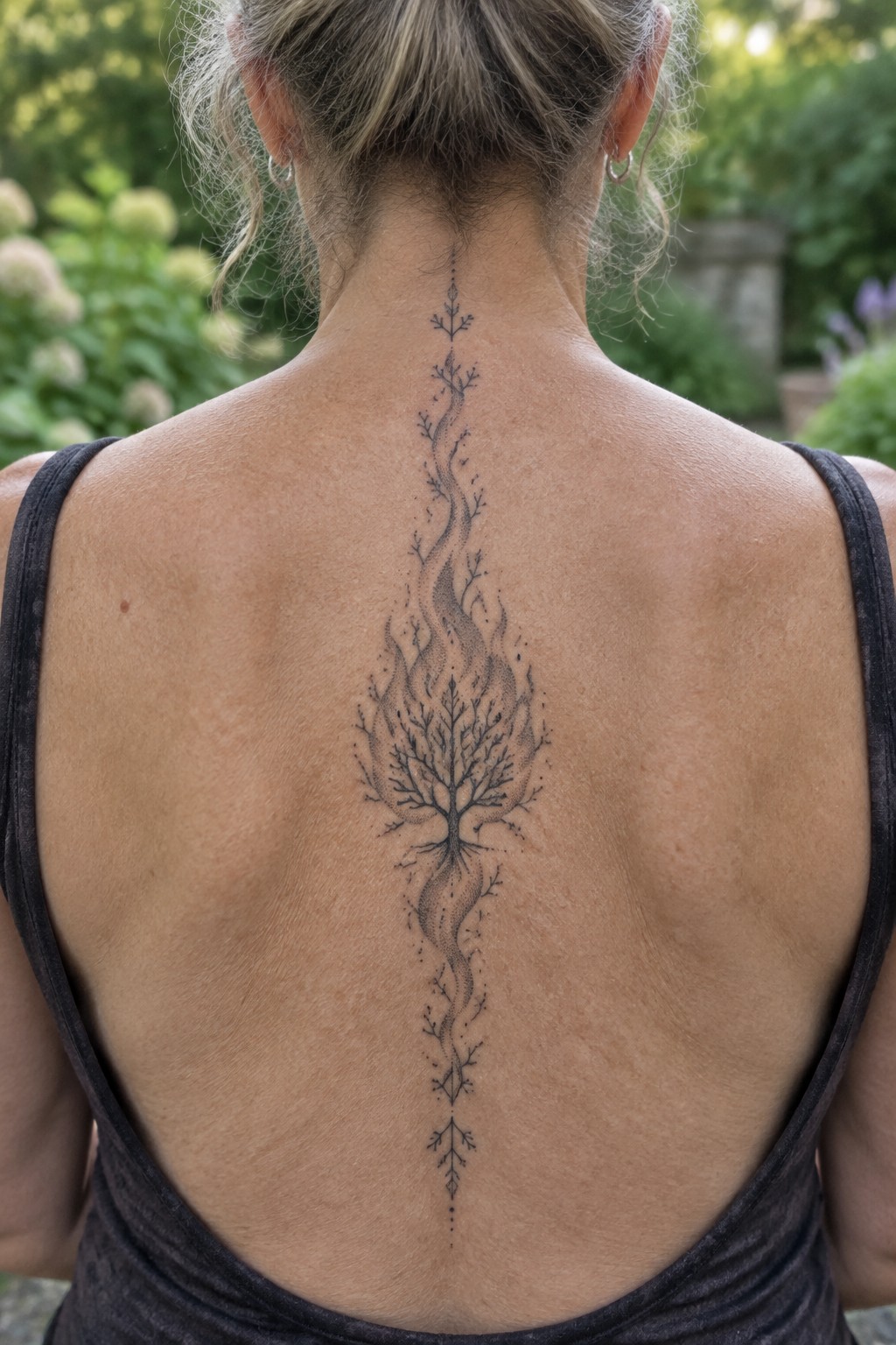 Woman's back with intricate tree and flame tattoo along spine in black tank top