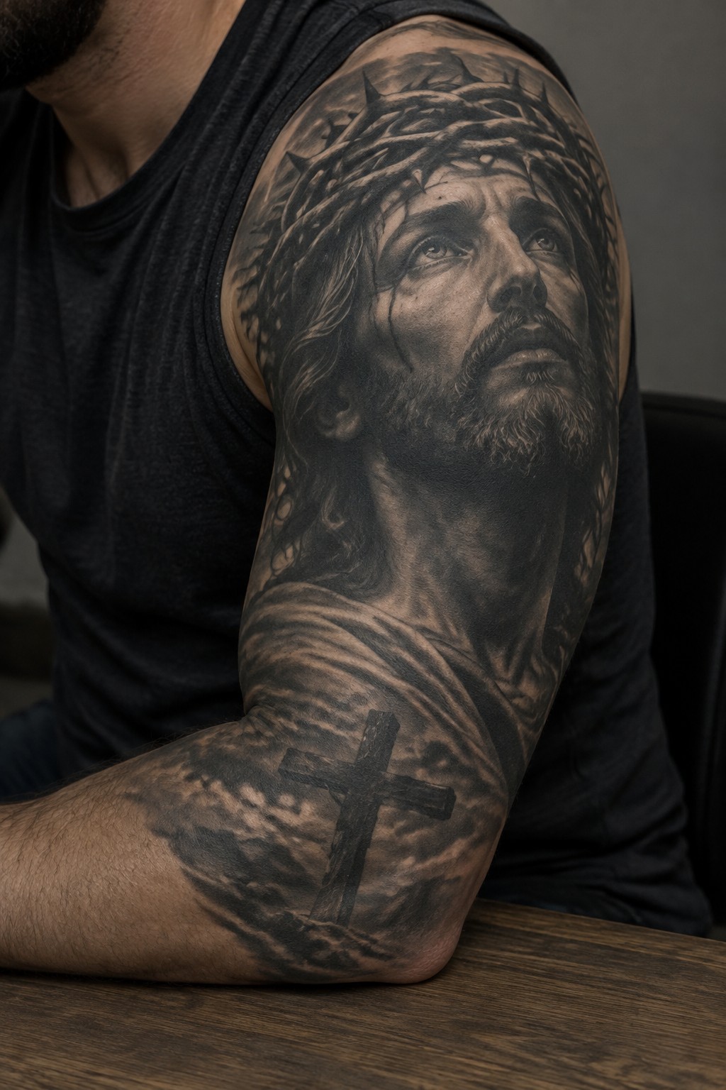 Realistic black-and-gray Jesus tattoo with crown of thorns on shoulder and cross on forearm