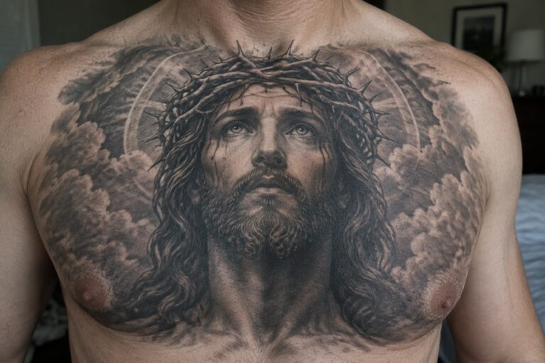 24 Bold Biblical Tattoos for Men Featuring Jesus Christ Portraits Black and gray realistic tattoo of Jesus with crown of thorns covering a man's upper chest