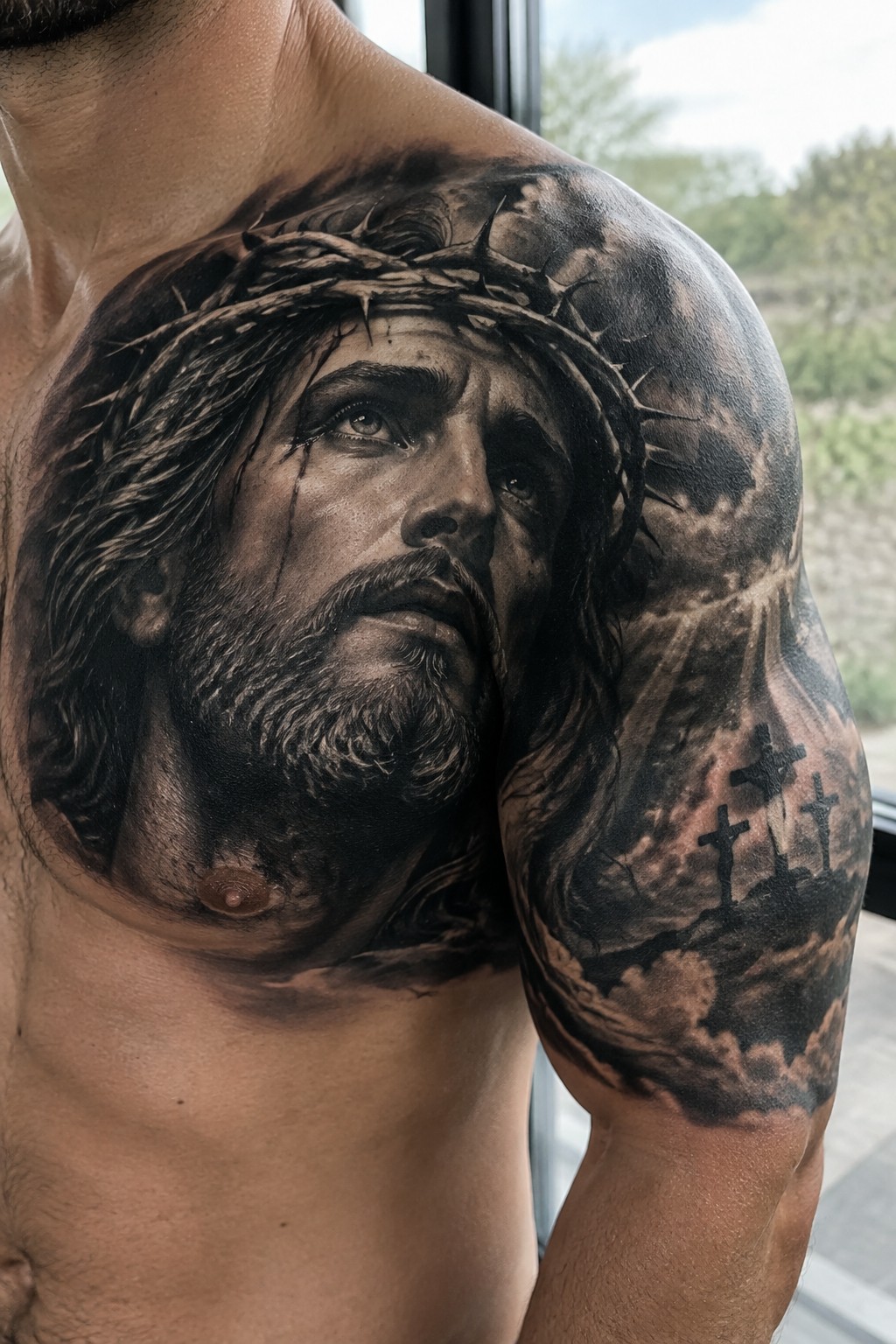 Shirtless muscular man with detailed grayscale Jesus tattoo and three crosses on arm