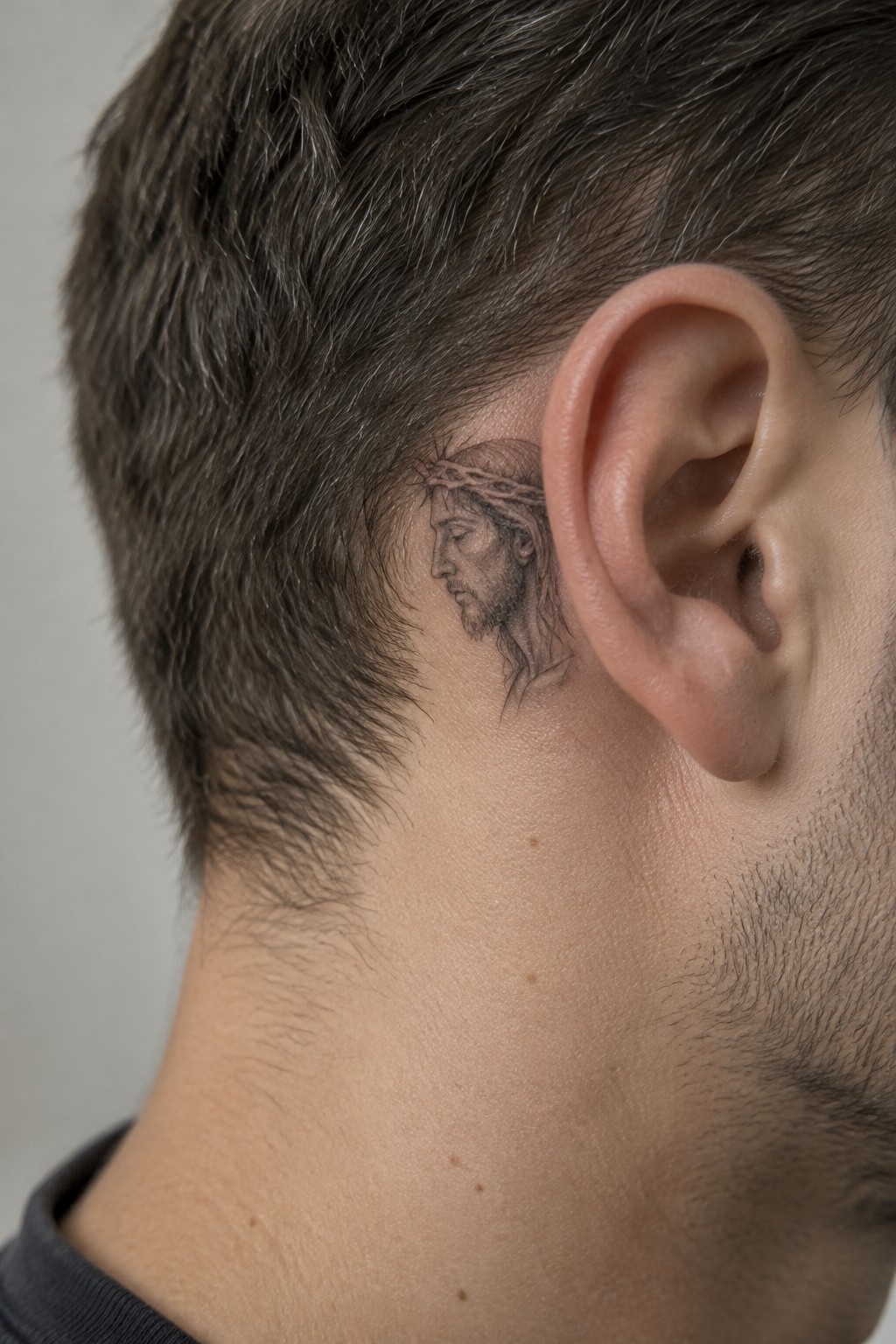 Realistic black and grey tattoo of Jesus in profile with crown of thorns placed behind a man's ear on the side of the head