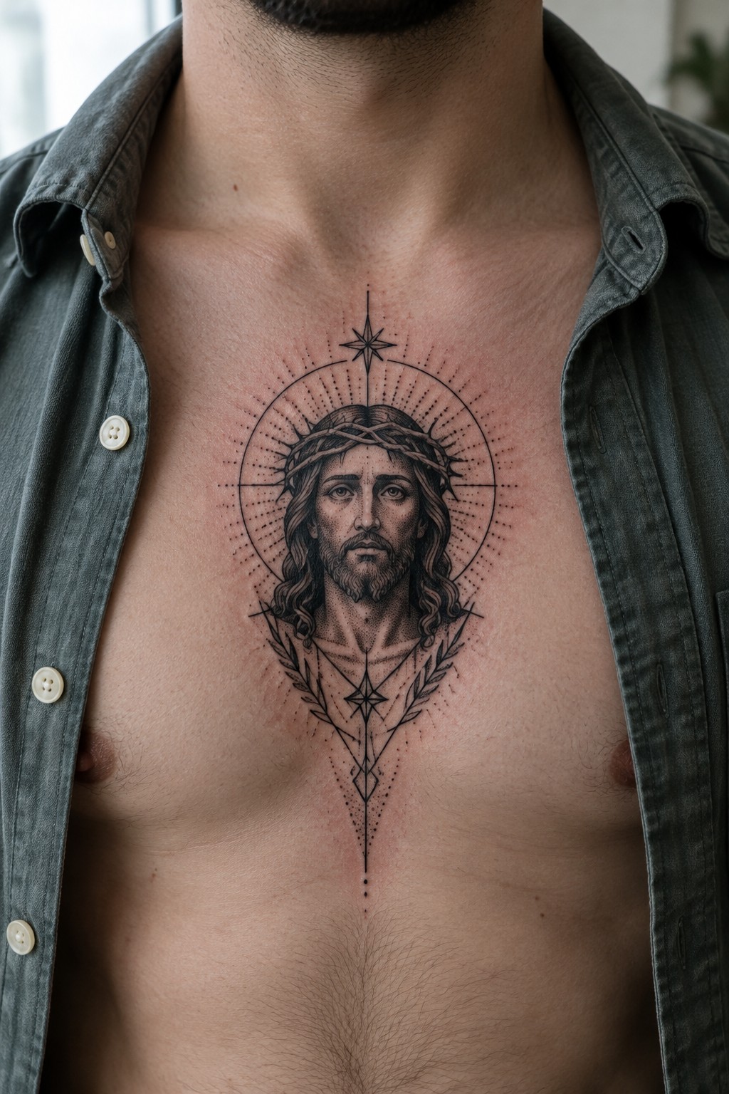 Man's chest with open gray shirt and large black Jesus tattoo with halo and crown of thorns.