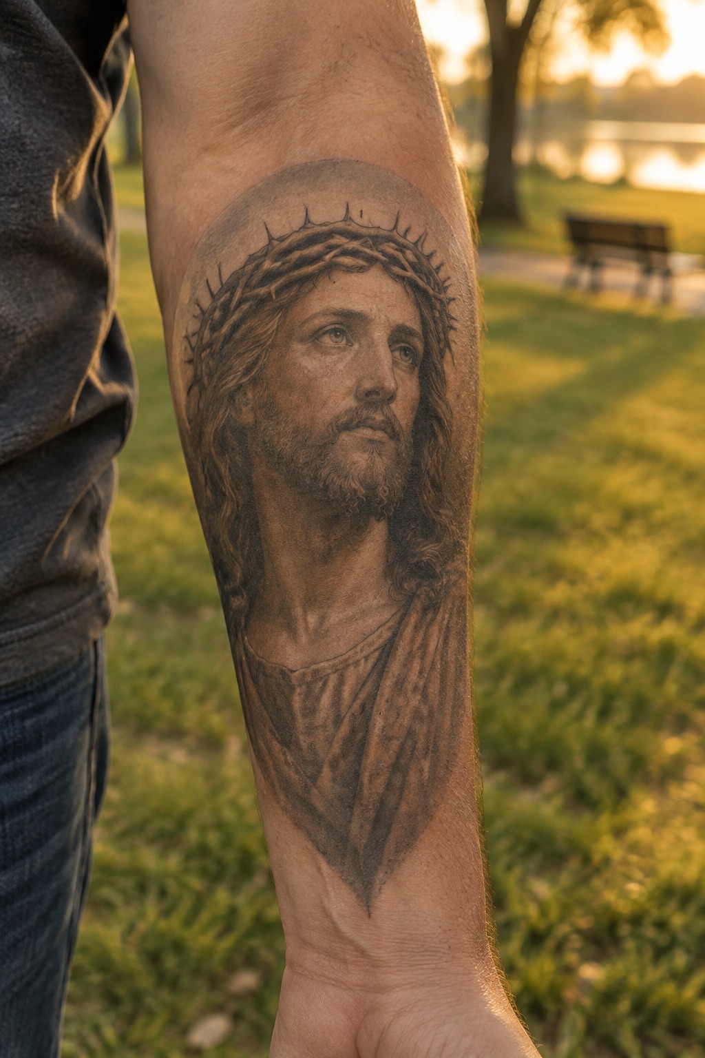 Realistic Jesus crown of thorns tattoo on forearm in sunny park at dusk