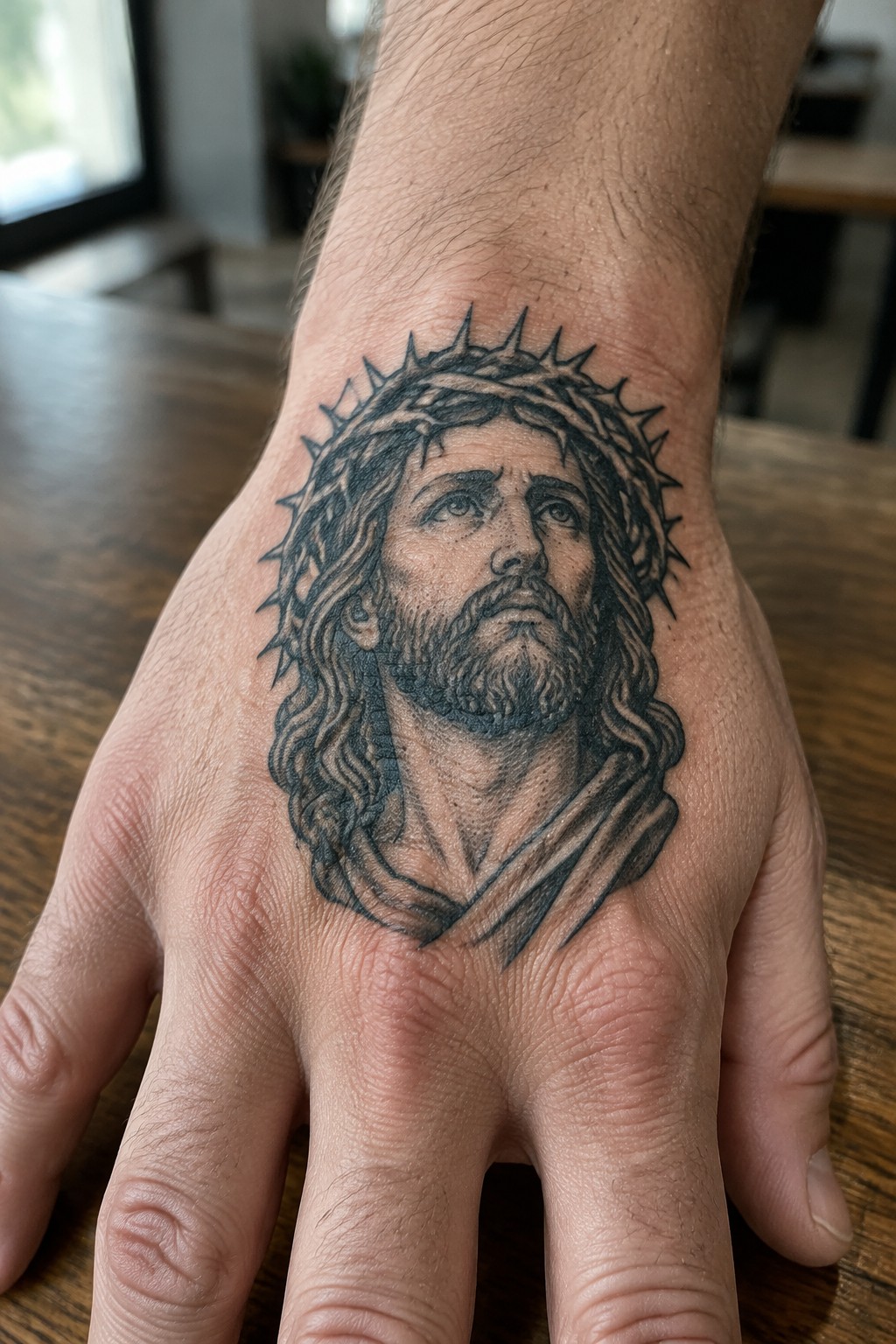 Black and gray tattoo of Jesus with crown of thorns on hand