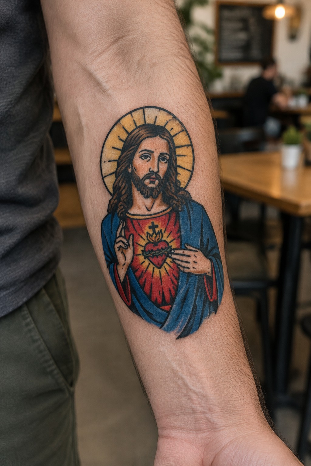 Traditional tattoo of Jesus Christ with halo and sacred heart on a man's inner forearm