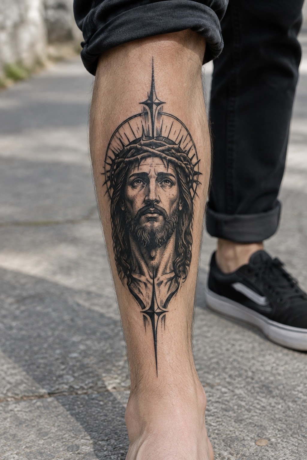 Detailed black Jesus tattoo with crown of thorns and radiant halo on shin.