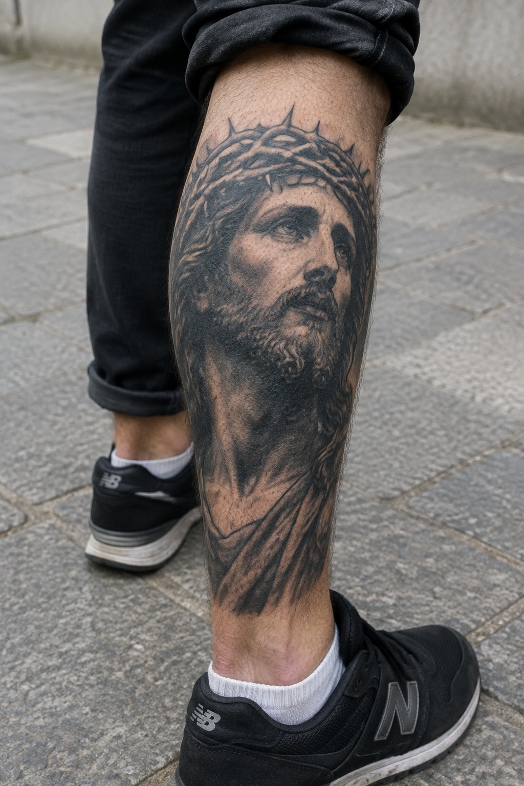 Large Jesus tattoo with crown of thorns on leg in black pants and sneakers