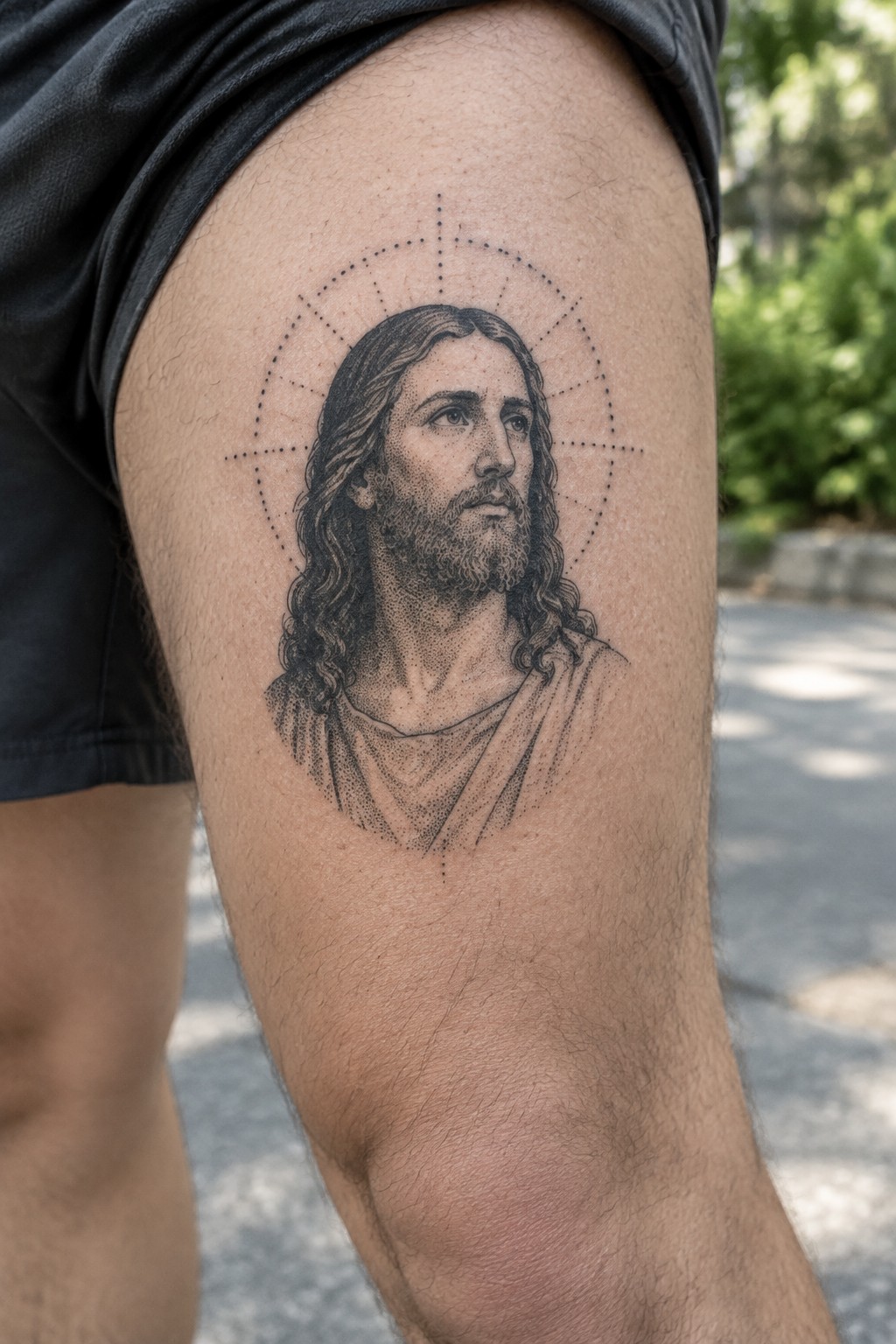Black and grey dotwork tattoo of Jesus Christ on a man's thigh with a dotted halo above the head