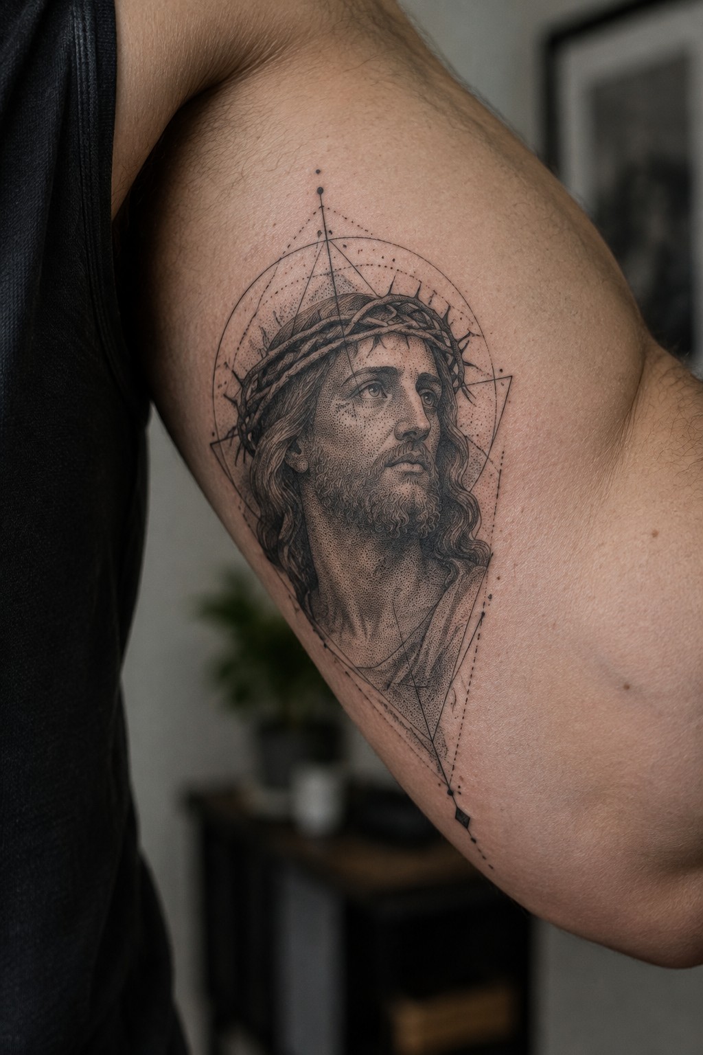 Realistic dotwork tattoo of Jesus with crown of thorns on a man's upper arm, framed by geometric circle and triangle lines
