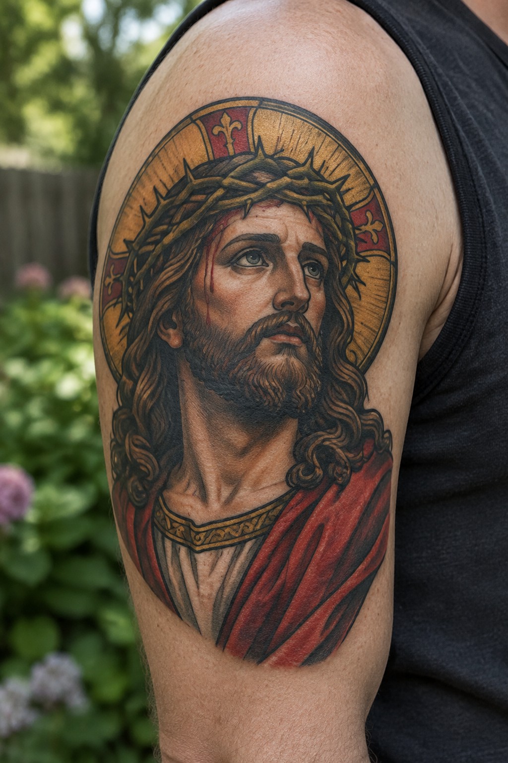 Realistic color tattoo of Jesus with crown of thorns and halo on a man's upper arm and shoulder.