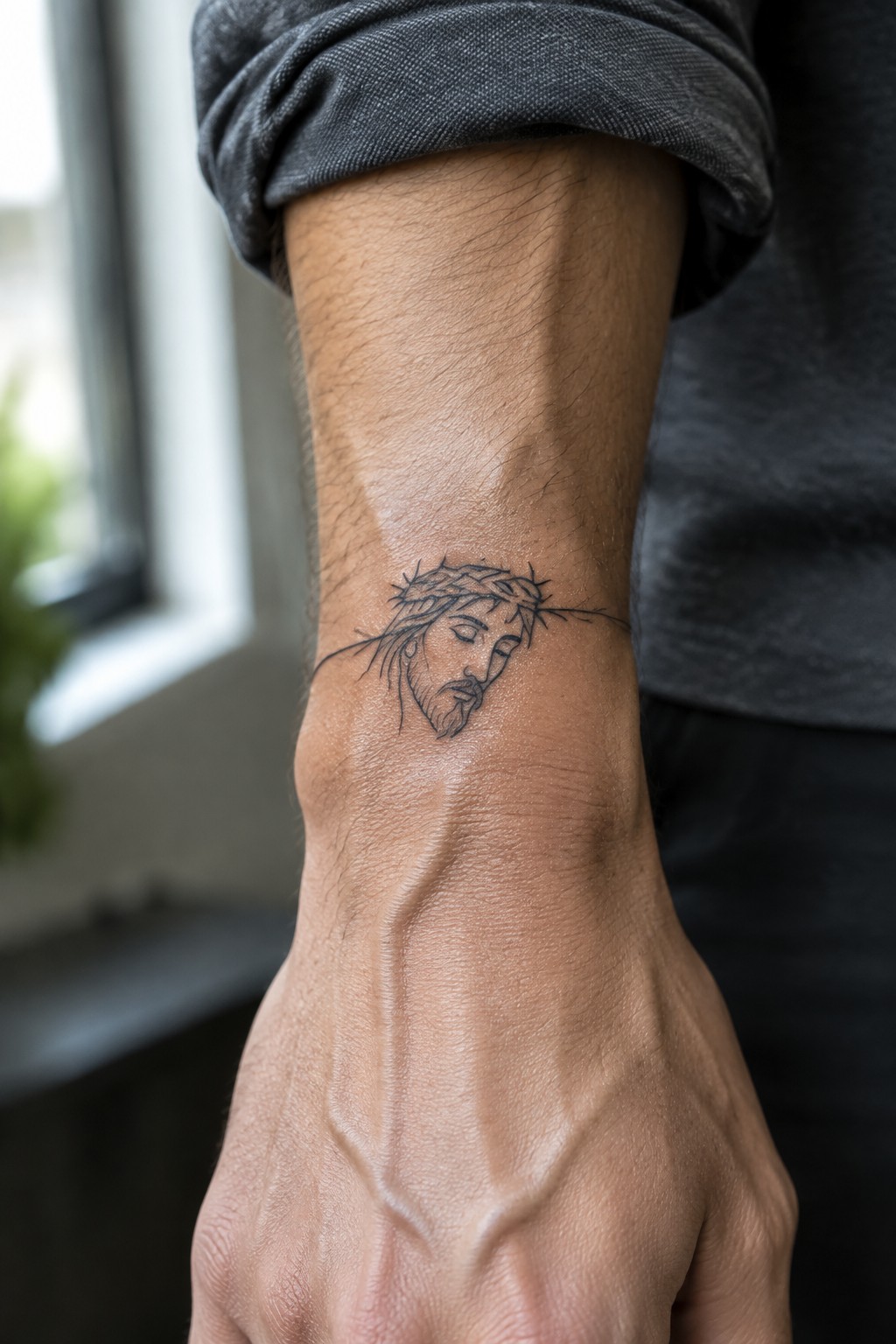 Fine line black ink tattoo of Jesus in side profile wearing a crown of thorns on a man's inner wrist
