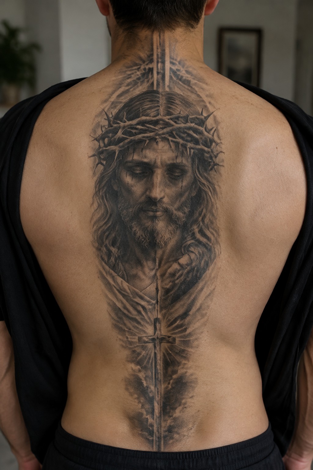 Black and grey realistic tattoo of Jesus with crown of thorns on a man's upper back, with a sword and cross extending down the spine.