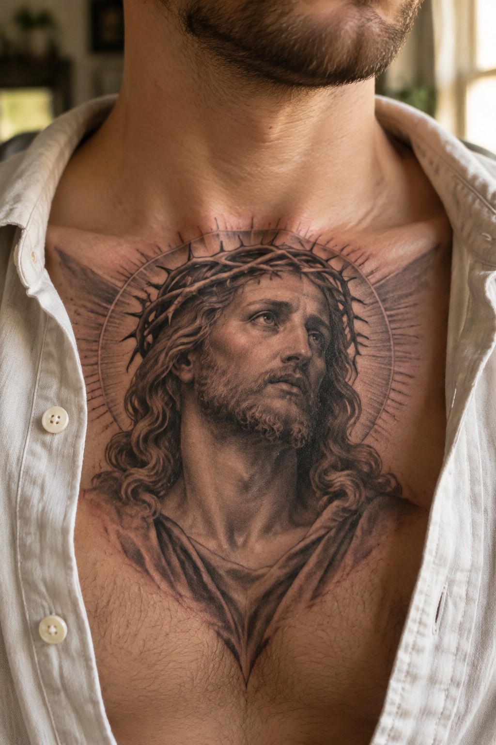 Realistic black and grey tattoo of Jesus with crown of thorns and halo, covering a man's upper chest.