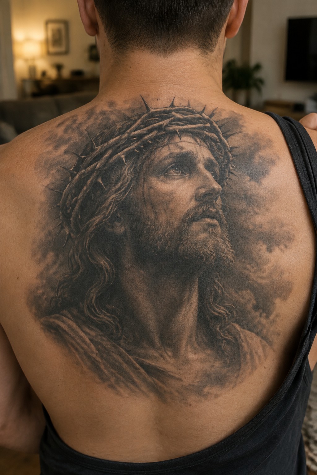 Man's back in black tank top with realistic Jesus crown of thorns tattoo
