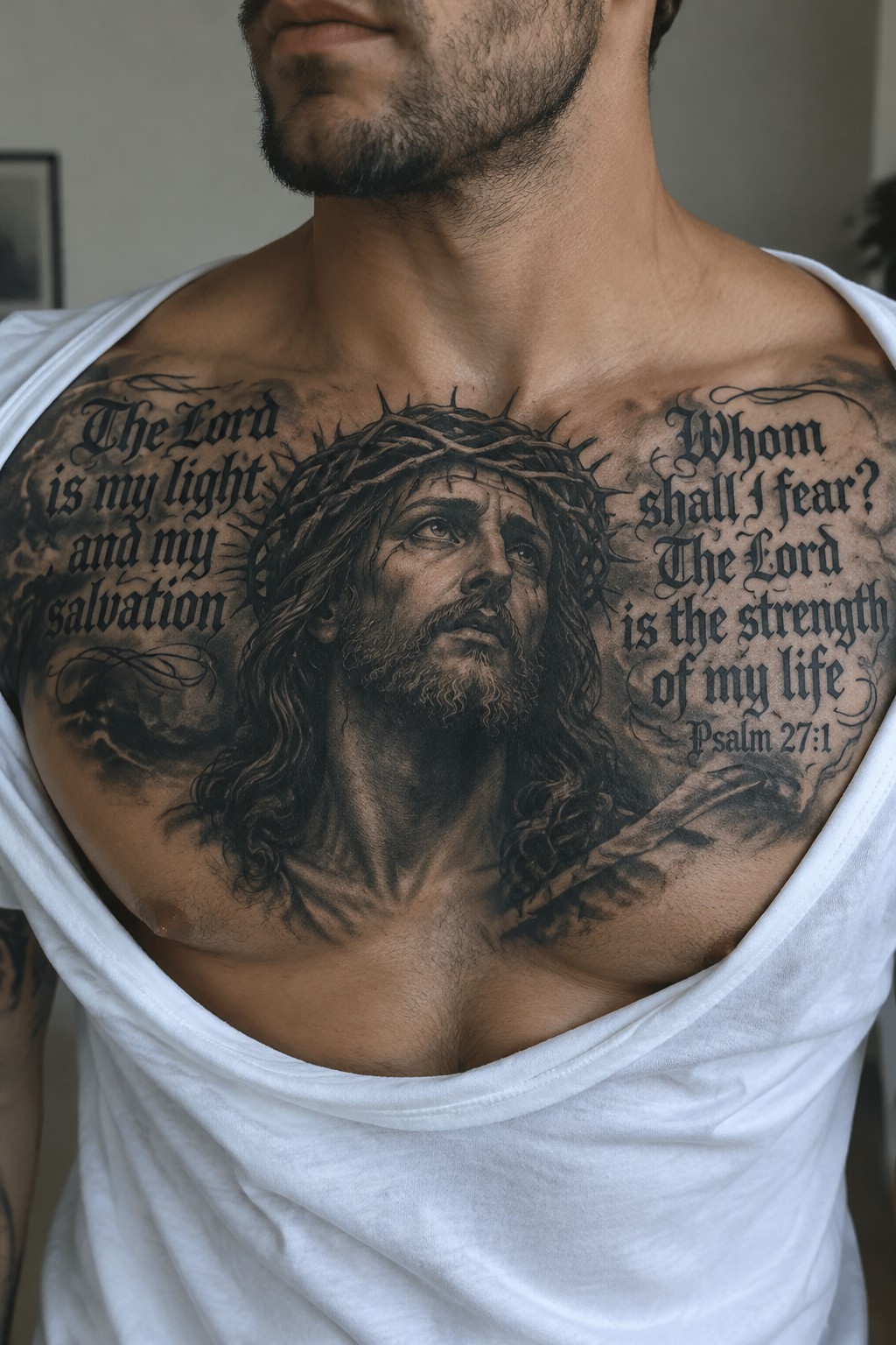 Muscular man in white tank top with large Jesus tattoo on chest