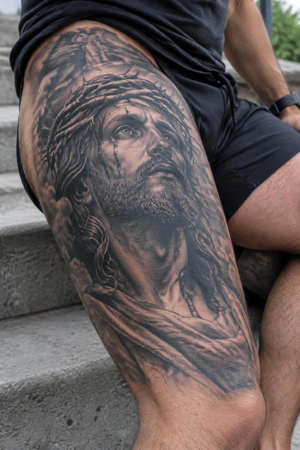 Large realistic black and grey tattoo of Jesus with crown of thorns covering a man's thigh
