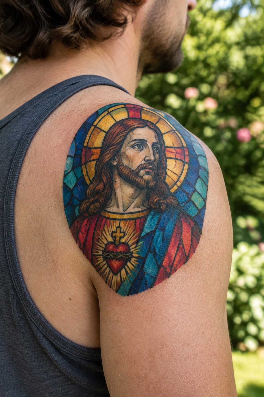 Man's shoulder tattoo of Jesus Christ in a colorful stained glass style with halo, sacred heart, and cross accents