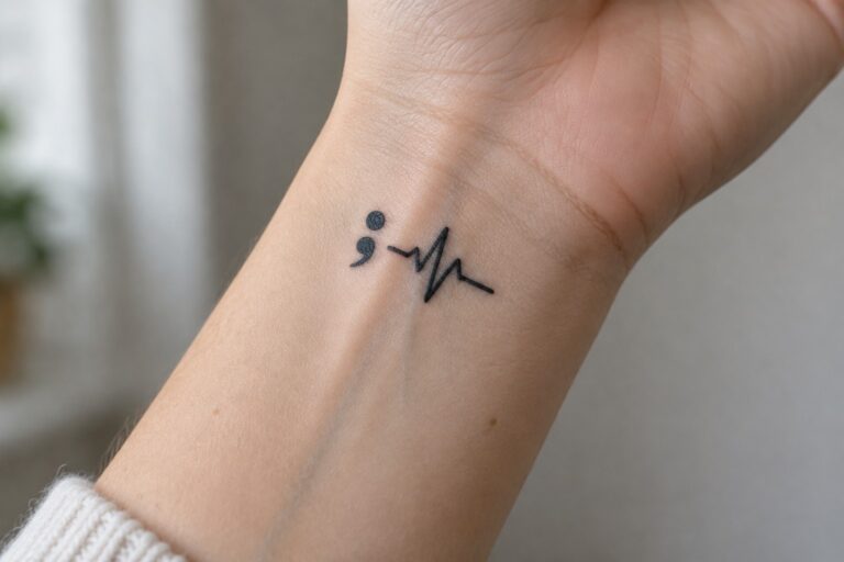 24 Bold Small Tattoos for Women That Represent Inner Strength Without Large Designs Small black semicolon and heartbeat line tattoo on the inner wrist.