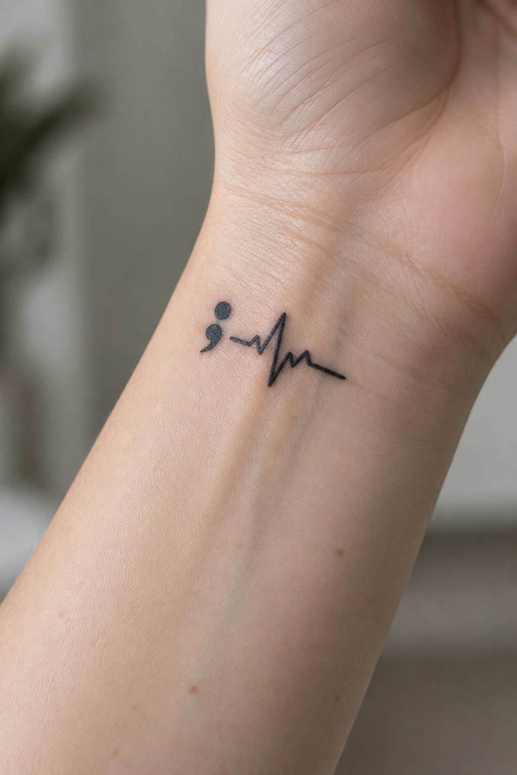 Small black semicolon and heartbeat line tattoo on the inner wrist.