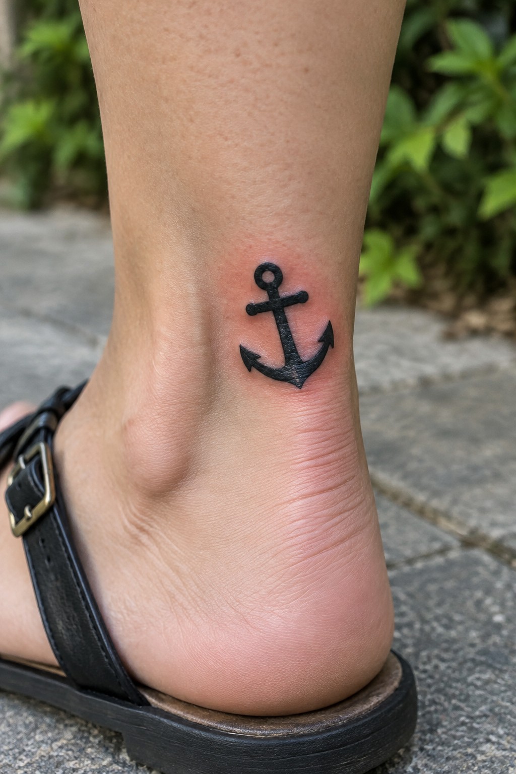 Small black anchor tattoo on the inner ankle above a black sandal.