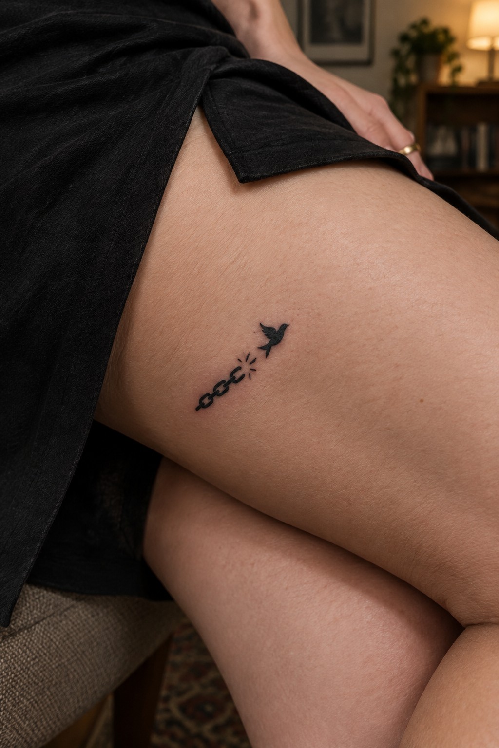 Small black tattoo of a broken chain and a bird on the outer thigh.