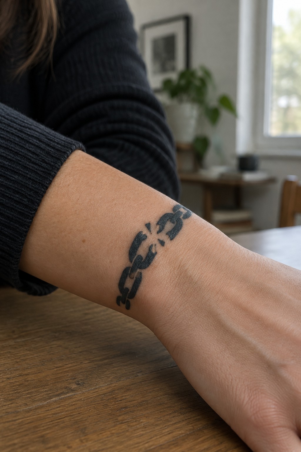 Small black chain tattoo angled across the inner forearm.