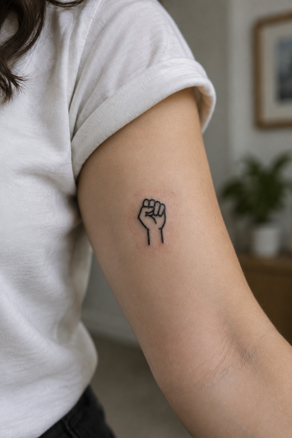 Small black outline tattoo of a clenched fist on the upper arm.
