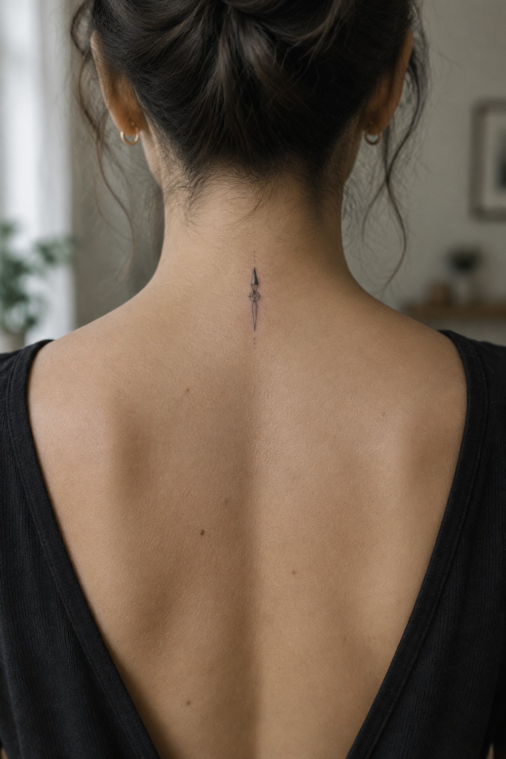 Small black fine-line compass tattoo centered on the back of a woman’s neck.