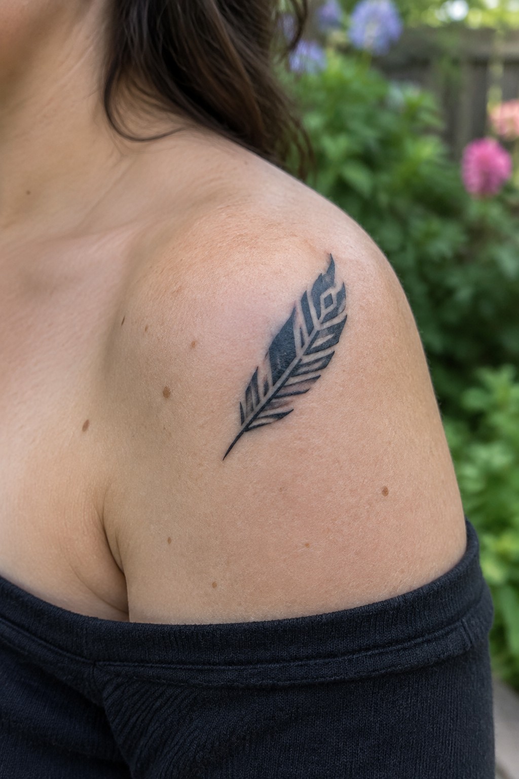 Small black feather tattoo angled across a woman’s upper shoulder.