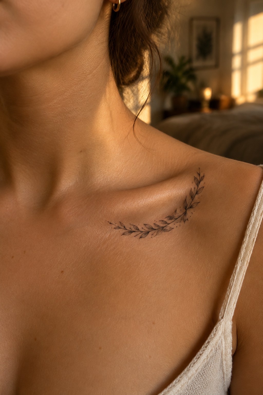 Fine-line laurel branch tattoo curving along a woman’s collarbone.