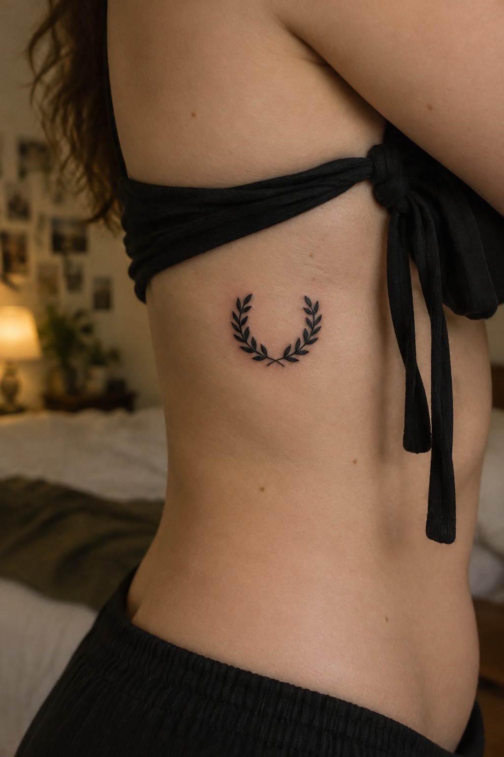 Small black laurel wreath tattoo on a woman's ribs beneath a black tied top.
