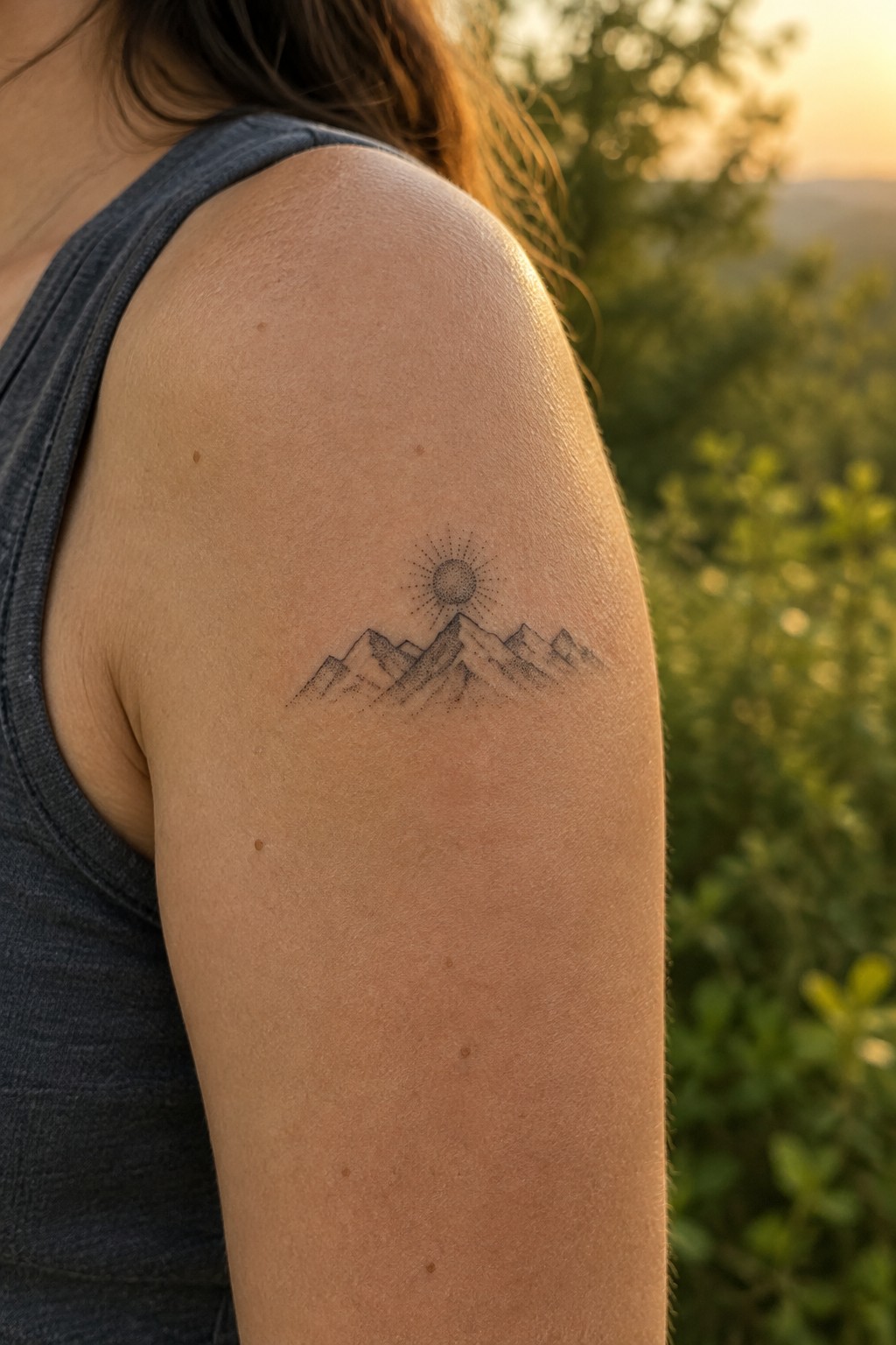 Small fine-line mountain range tattoo with a dotted sun on a woman’s upper arm.
