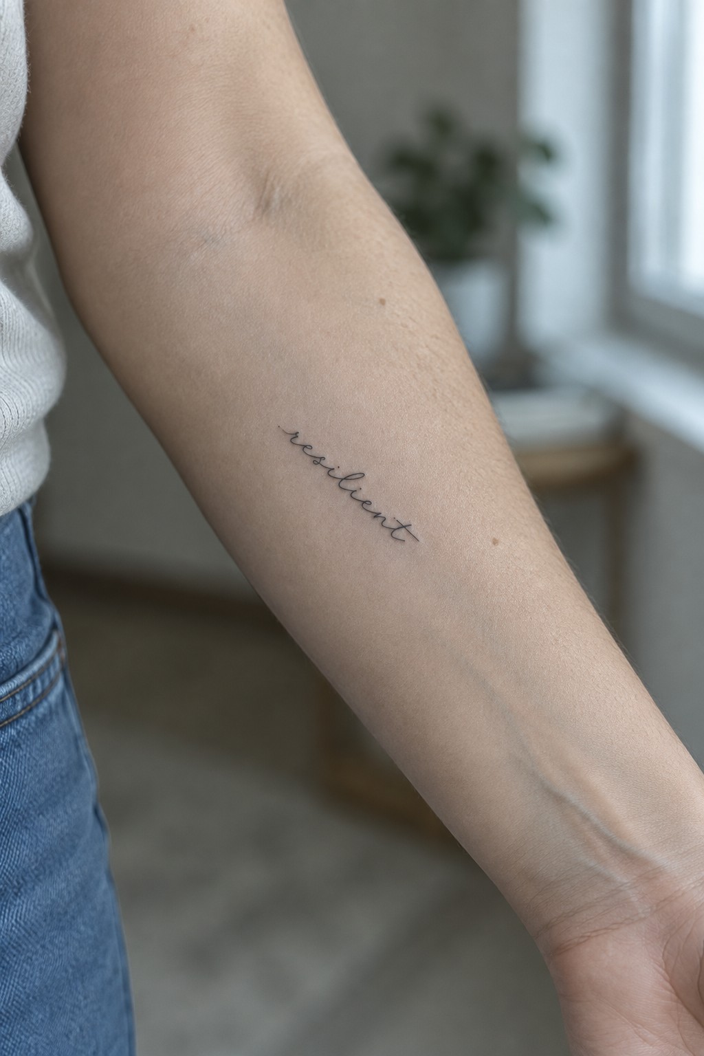 Small fine-line script tattoo reading “resilient” on the inner forearm.