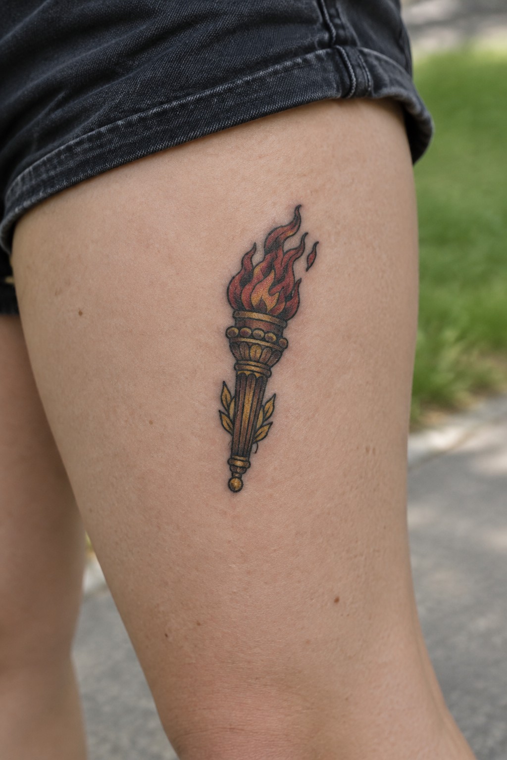 Small traditional-style torch tattoo with a red and yellow flame on the upper thigh.