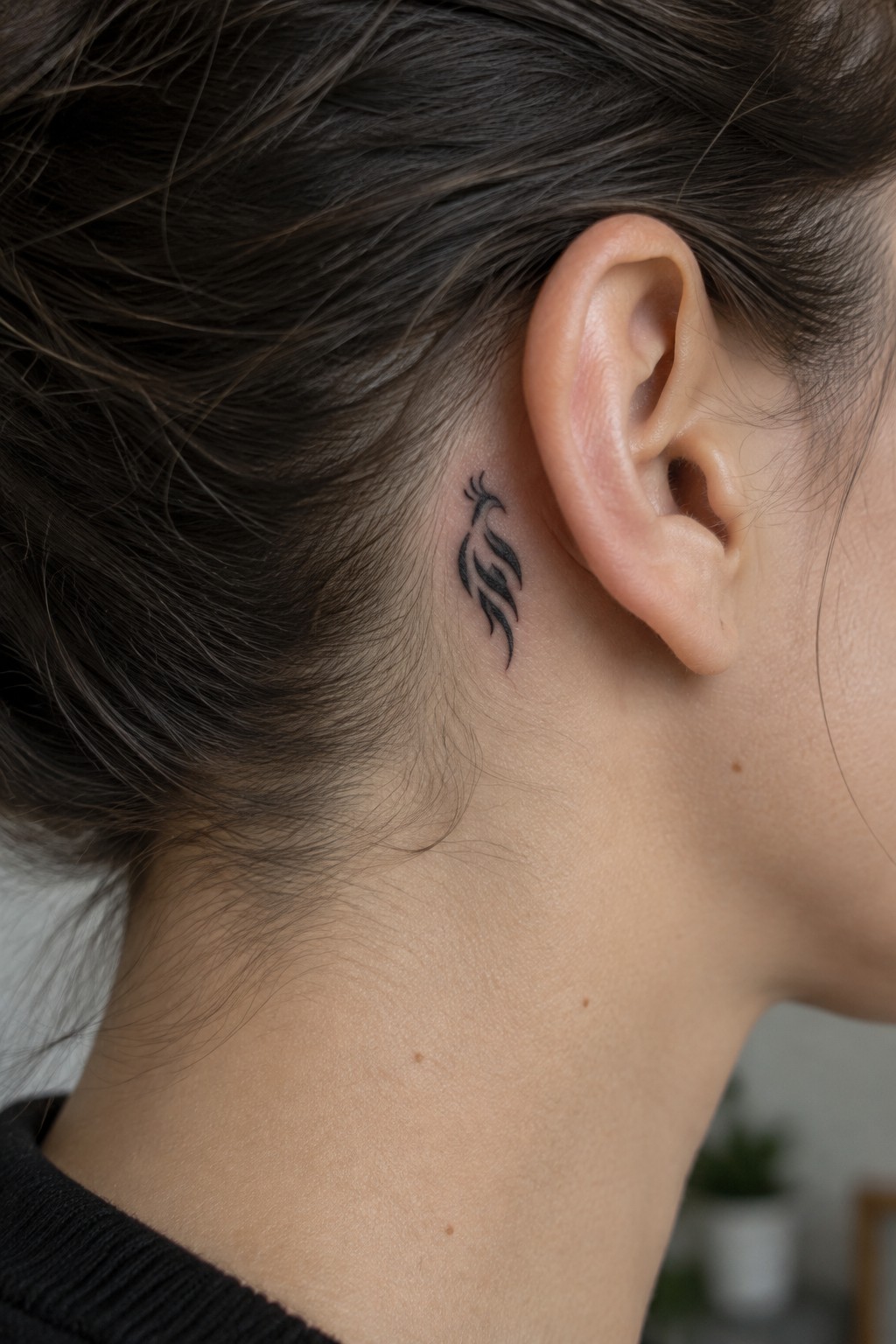 Small black tribal tattoo behind a woman’s ear near the hairline.