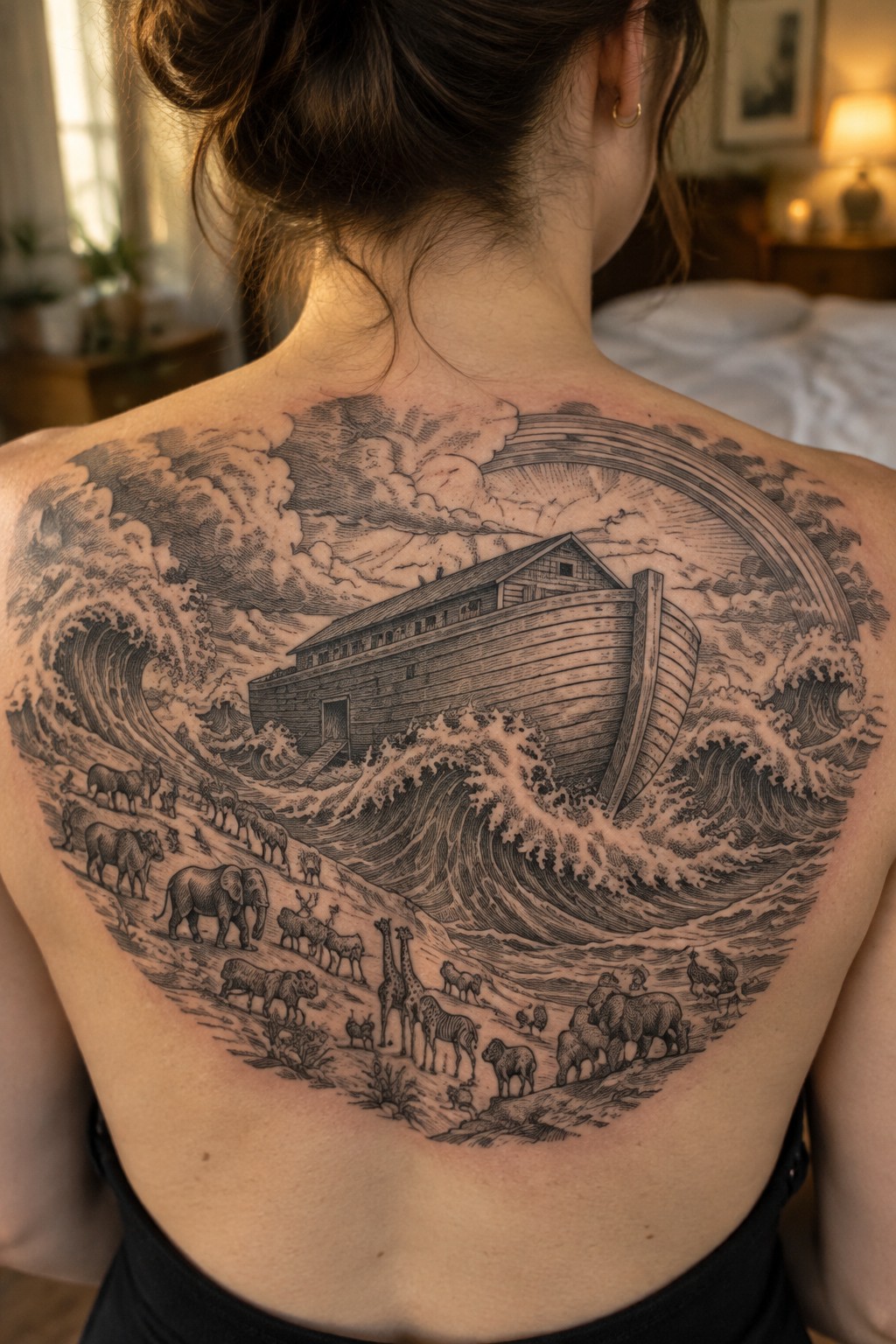Grayscale tattoo of Noah's Ark amid waves with animals and rainbow on woman's back.