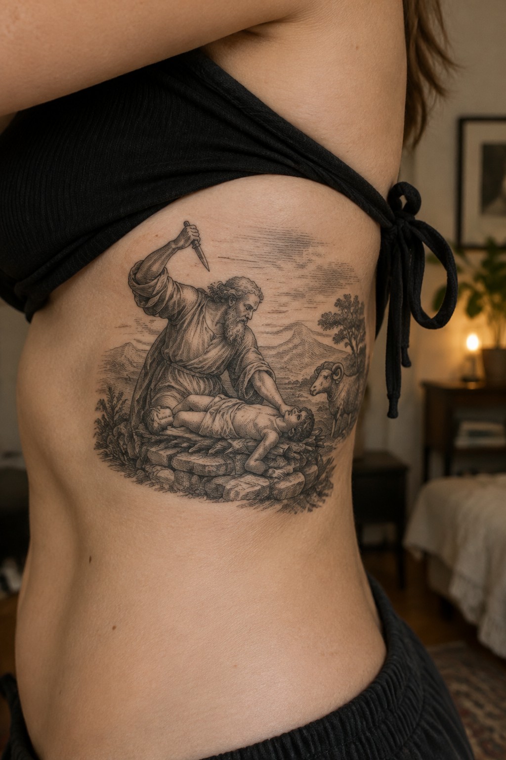 Black halter top and detailed engraving-style Abraham sacrificing Isaac tattoo on torso