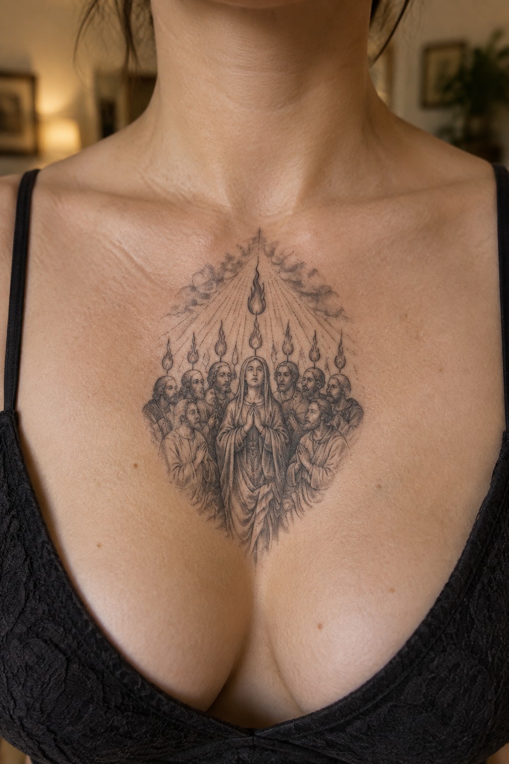 Detailed grayscale tattoo of Virgin Mary with apostles and descending flames on chest