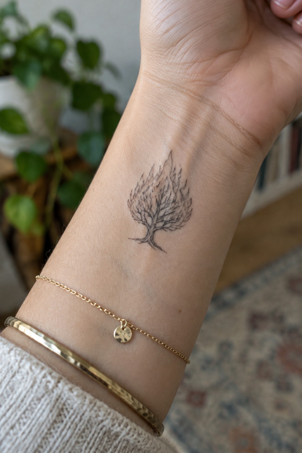 Gold bracelets beside flaming tree tattoo on wrist above white knit sleeve