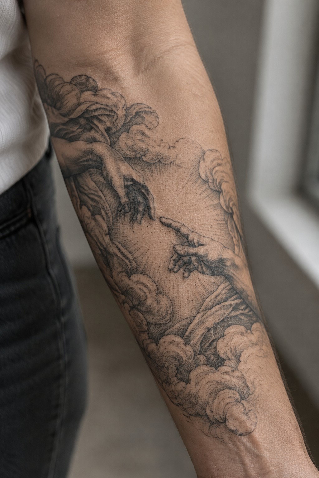 Black and gray tattoo on arm showing hands reaching through clouds with light rays.