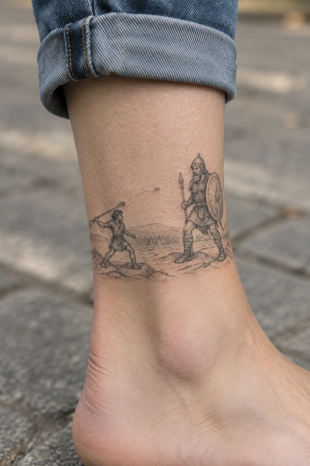 Rolled blue jeans above black ink tattoo of slinger facing armored warrior with shield.