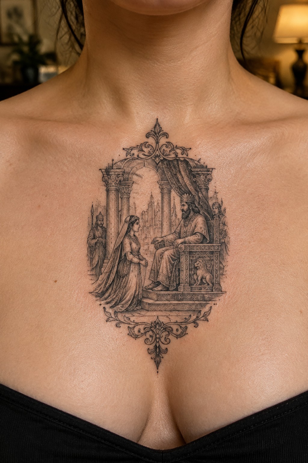 Ornate black-and-gray tattoo of king on throne facing veiled woman in archway