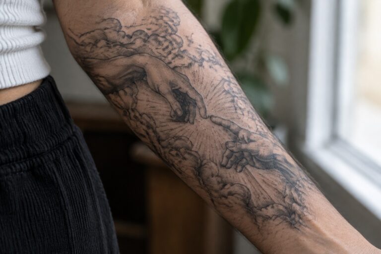 Black and gray tattoo on arm showing hands reaching through clouds with light rays.